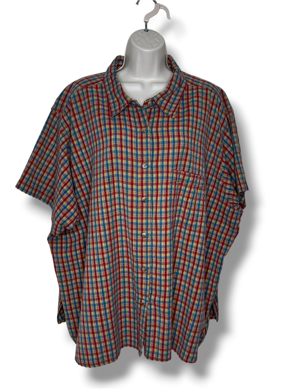 Vintage CST Sport Women's 4X Seersucker Plaid Shirt 100% Cotton Short Sleeve